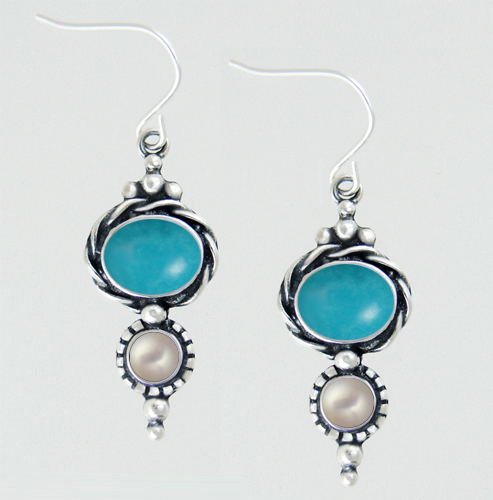 Sterling Silver Drop Dangle Earrings With Turquoise And Cultured Freshwater Pearl